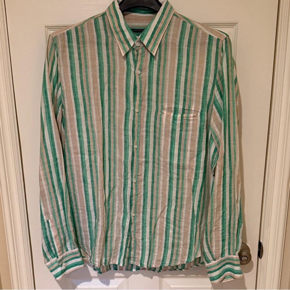 Adolfo Dominguez Men's Linen Green and White Striped Shirt Sz L